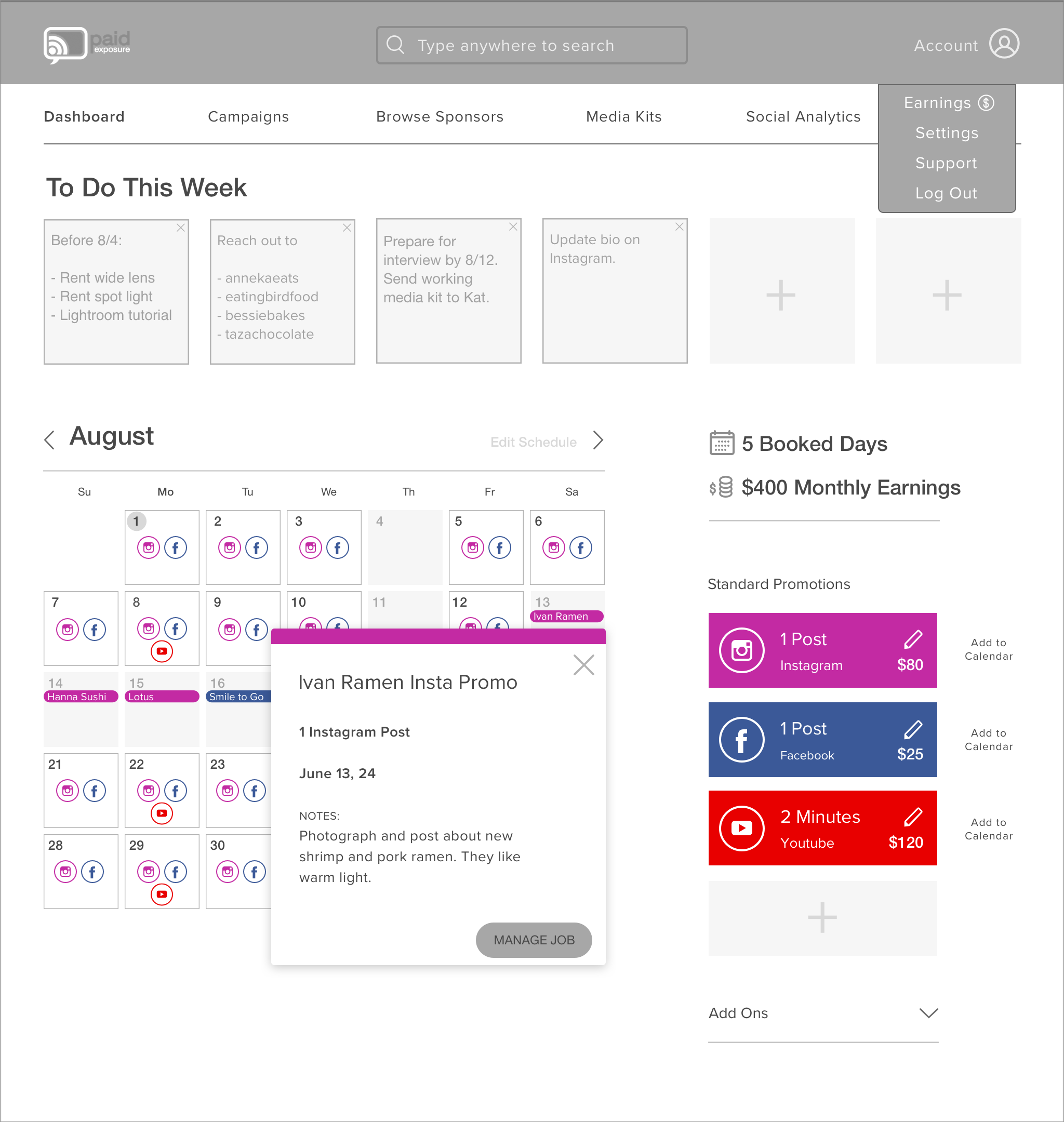 Dashboard Wireframe